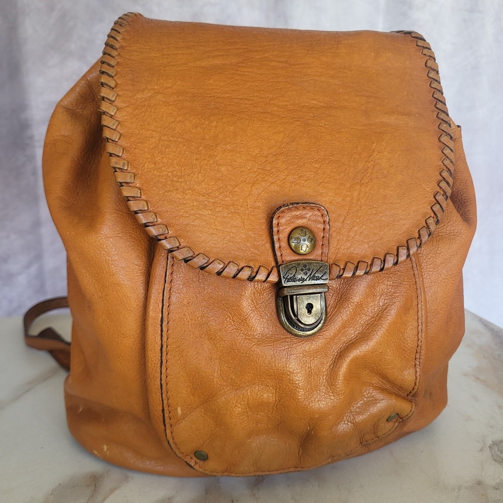 Patricia Nash Casape Leather Backpack Rucksack Tan Whipstitch Lock Pocket Medium